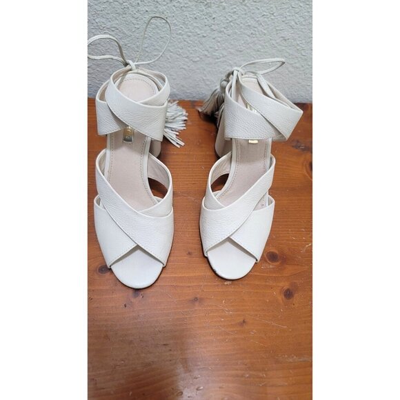 Louise et cie Open-Toe Block Pump Heel Sandals With Tassel Ankle Ties In Ivory - Picture 2 of 12